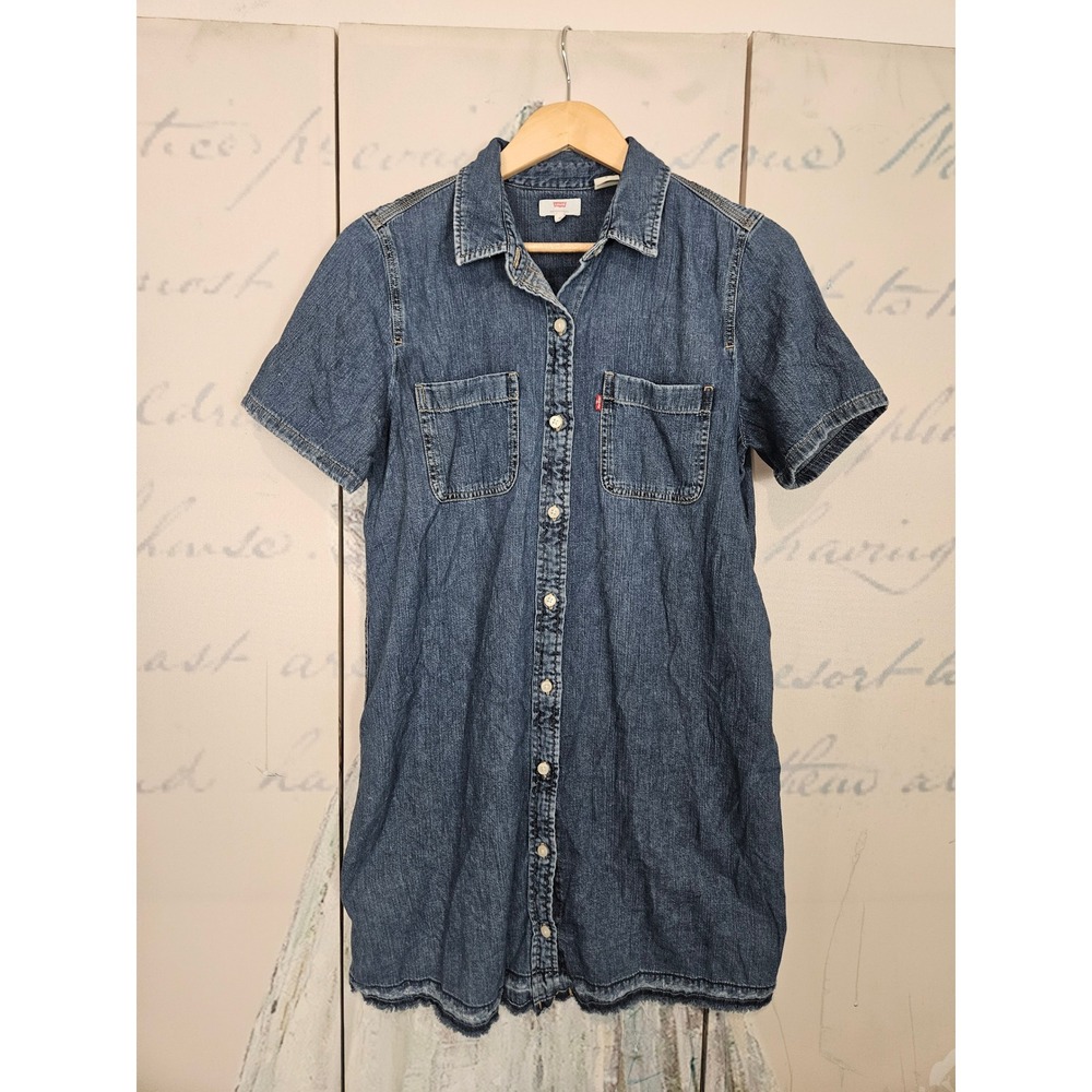 Levi's Denim Shirt Dress Size Medium Blue‎ 100% Cotton Button Up Raw Hem